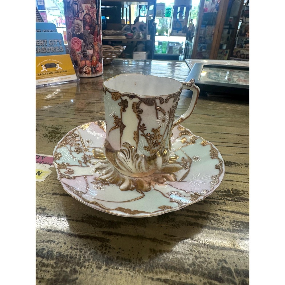 Art Nouveau Limoges Demitasse Cup and Saucer Ombre Pink, Green Edges, Gold Trim
